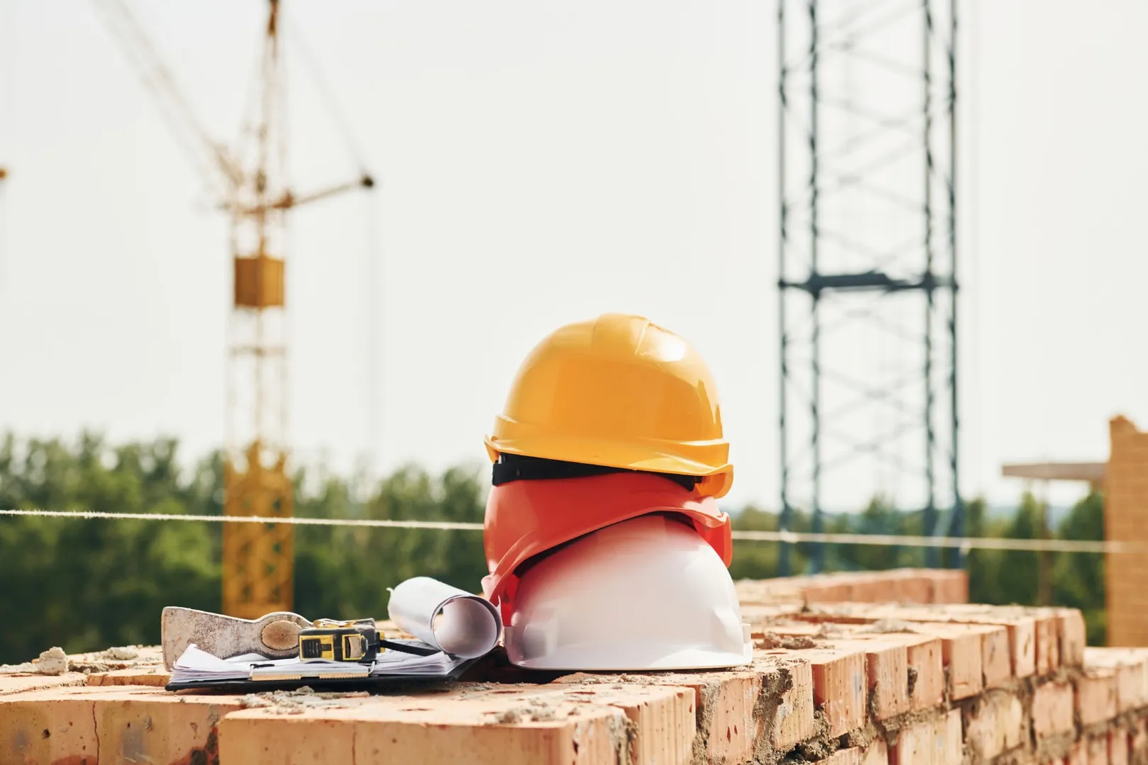 Construction helmets on brick wall at site